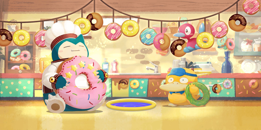 artist_request basket blue_hat blush blush_stickers bowl chef_hat chocolate_donut closed_eyes closed_mouth clothed_pokemon cutting_board donut fangs floating food food-themed_pillow gen_1_pokemon gen_2_pokemon hand_on_own_head hat highres holding holding_pillow indoors nintendo no_humans official_art pillow plant plate pokemon pokemon_(creature) pokemon_cafe_remix pokemon_focus portal_(object) porygon2 potted_plant psyduck psyduck_(swim_ring) shelf shirt sink snorlax snorlax_(fluffy_donut) sprinkles star_(symbol) third-party_source vase visor_cap white_hat white_shirt window