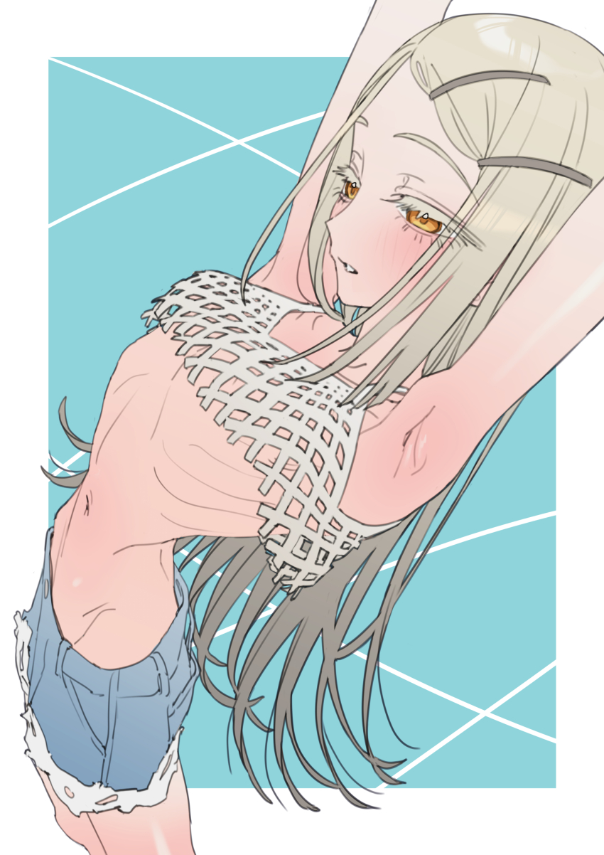 1girl absurdres armpits arms_up ass blonde_hair blue_background blue_shorts border colored_eyelashes cowboy_shot crop_top denim denim_shorts emaciated expressionless extreme_crop_top flat_ass flat_chest flipped_hair from_above from_side gakuen_idolmaster gradient_hair groin hair_ornament hairpin highres idolmaster long_hair looking_ahead mesh multicolored_hair multiple_hairpins naga-agan narrow_waist navel orange_eyes outside_border parted_lips profile ribs shinosawa_hiro shiny_skin short_shorts shorts simple_background solo stretching white_border