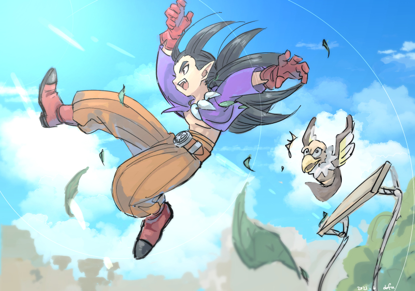 1boy 1other :d belt blue_sky blurry boots brown_hair chimaera_(dragon_quest) cloud commentary_request day depth_of_field doofuf dragon_quest dragon_quest_builders_2 floating_clothes floating_hair gloves hair_horns high-waist_pants highres jewelry leaf looking_ahead low_ponytail male_focus necklace open_clothes open_mouth open_shirt orange_pants outdoors pants ponytail profile purple_shirt red_belt red_boots red_eyes red_gloves shirt sidoh_(dqb2) sketch skull_belt sky smile solo_focus spiked_hair swing tooth_necklace tree