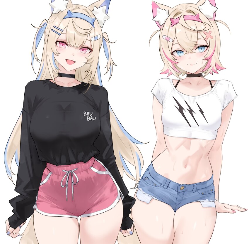 2girls :3 :d absurdres adapted_costume alternate_costume animal_ear_fluff animal_ears bandaid bandaid_hair_ornament black_choker black_shirt blonde_hair blue_eyes blue_hair blue_hairband blue_shorts bluefield bra_strap breasts choker closed_mouth colored_inner_animal_ears commentary cowboy_shot cropped_shirt crossed_bangs cutoff_jeans cutoffs denim denim_shorts dog_ears dog_girl dog_tail dolphin_shorts double-parted_bangs exposed_pocket frayed_shorts fuwawa_abyssgard hair_between_eyes hair_intakes hair_ornament hairband hairclip highres hololive hololive_english horn_hairband large_breasts long_hair long_sleeves looking_at_viewer midriff mococo_abyssgard mococo_abyssgard_(1st_costume) multicolored_hair multiple_girls nail_polish navel open_mouth pink_eyes pink_hair pink_hairband pink_nails pink_shorts shirt shirt_tucked_in short_hair short_shorts short_sleeves shorts siblings simple_background sisters sleeves_past_wrists small_breasts smile straight-on streaked_hair t-shirt tail twins two_side_up virtual_youtuber white_background white_shirt x_hair_ornament