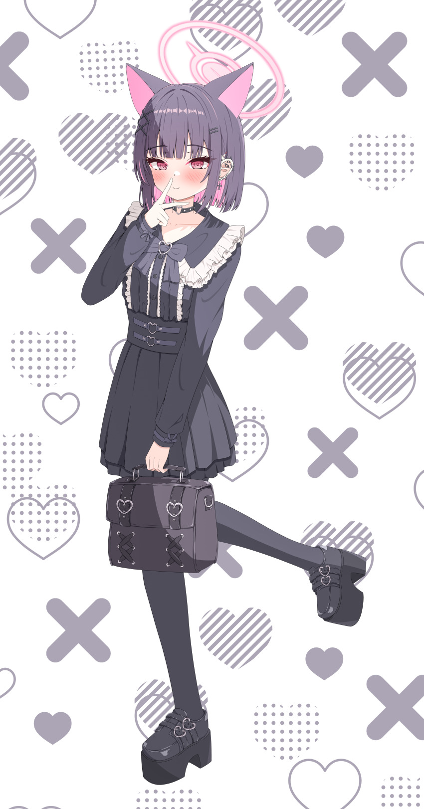 1girl absurdres alternate_costume animal_ears bag black_bag black_bow black_choker black_hair black_pantyhose black_shirt black_shoes black_skirt blue_archive blunt_bangs blush bow cat_ears cat_girl choker closed_mouth colored_inner_animal_ears colored_inner_hair erierica_(erica) frilled_shirt frills halo heart-shaped_lock highres holding holding_bag jirai_kei kazusa_(blue_archive) looking_at_viewer medium_hair multicolored_hair pantyhose pink_eyes pink_halo platform_shoes shirt shoes sidelocks skirt smile solo two-tone_hair v