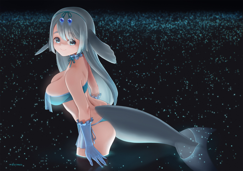 1girl beleven bikini blue_bikini blue_bow blue_choker blue_eyes blue_gloves blush bow cetacean_tail choker cowboy_shot dugong_(kemono_friends) fins fish_tail frilled_choker frilled_gloves frills gloves grey_hair hair_between_eyes hair_bow head_fins highres kemono_friends kemono_friends_3 long_hair looking_back midriff partially_submerged sidelocks smile solo swimsuit tail wading