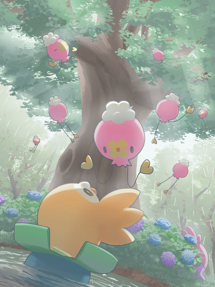 :d bright_pupils bush commentary_request day drifloon flower gen_3_pokemon gen_4_pokemon gen_6_pokemon gen_7_pokemon goomy grass highres hydrangea light_rays looking_up lotad mokukitusui nintendo no_humans open_mouth outdoors pokemon pokemon_(creature) rowlet smile tree water