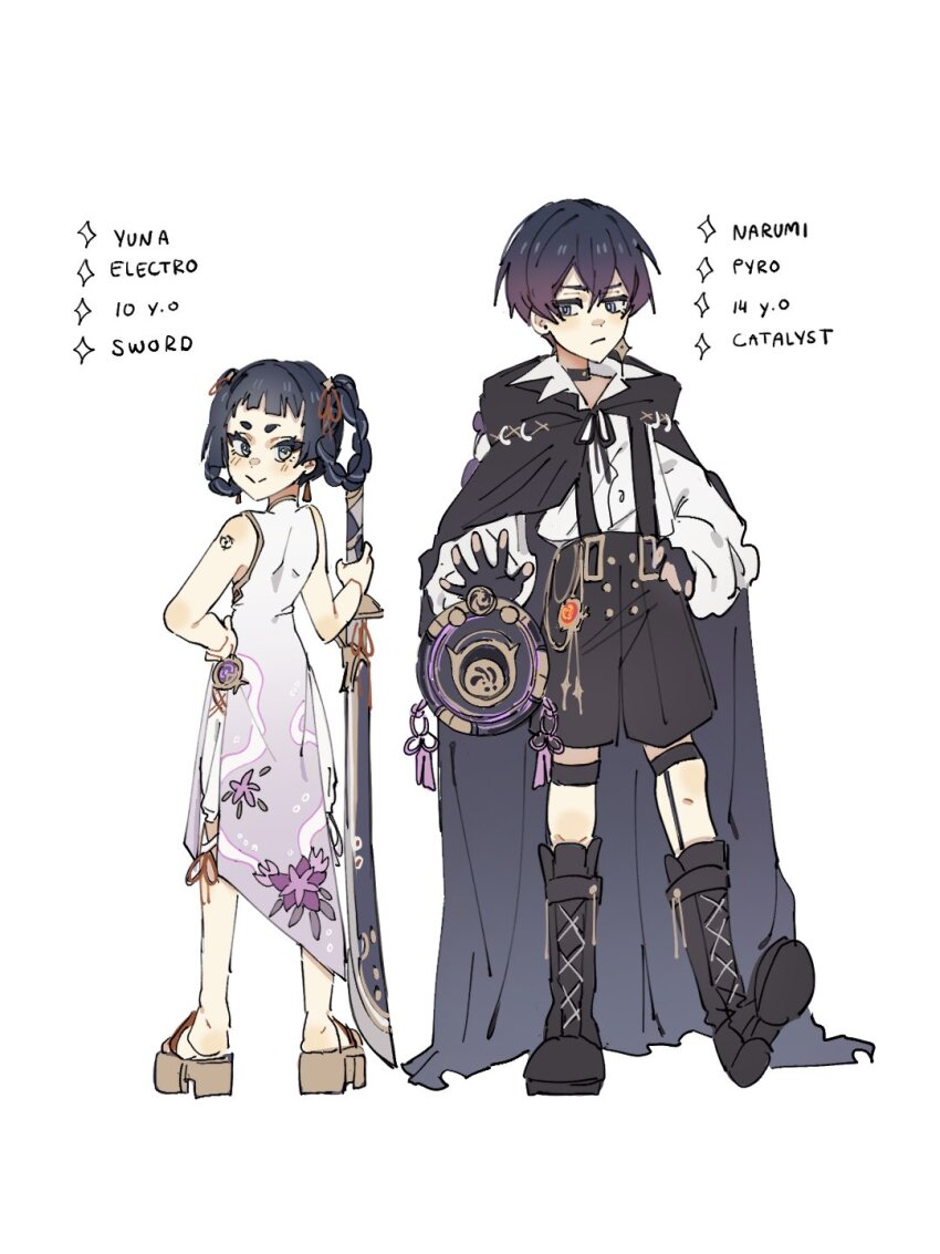 1boy 1girl aqua_eyes black_boots black_choker black_cloak black_gloves black_shorts blunt_bangs blunt_ends blush boots braid braided_hair_rings brother_and_sister character_age character_name character_profile chinese_clothes choker cloak closed_mouth collared_shirt dao_(weapon) double-parted_bangs dress earrings electro_symbol_(genshin_impact) eyelashes fingerless_gloves floral_print_dress full_body gem genshin_impact geta gloves grey_eyes hair_between_eyes hair_ribbon hair_rings hand_on_own_hip height_difference highres holding holding_weapon if_they_mated jewelry lace-up_boots long_sleeves looking_at_another looking_at_viewer looking_back looking_to_the_side median_furrow mitsudomoe_(shape) mona_(genshin_impact) ootachi open_hand original pelvic_curtain purple_gemstone pyro_symbol_(genshin_impact) red_gemstone red_ribbon ribbon scaramouche_(genshin_impact) shirt short_eyebrows shorts siblings sleeveless sleeveless_dress smile standing star_(symbol) star_earrings suspender_shorts suspenders tassel tassel_earrings thigh_strap tomoe_(symbol) vision_(genshin_impact) weapon white_background white_dress white_shirt white_sleeves wing_collar ysnden