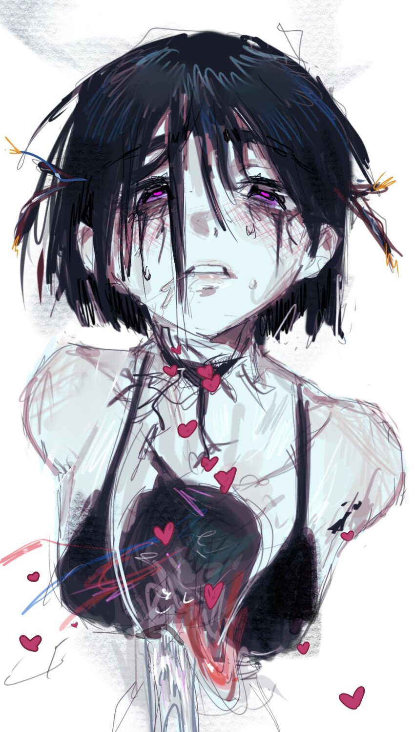 1girl alien_stage android black_hair black_tank_top cable commentary english_commentary exposed_internal_machinery hawk_till heart highres makeup parted_lips purple_eyes runny_makeup short_hair solo sua_(alien_stage) sweat tank_top white_background