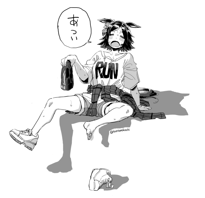 1girl animal_ears beanie black_hair closed_eyes clothes_around_waist clothes_writing flipped_hair greyscale hat highres holding holding_unworn_clothes holding_unworn_hat horse_ears horse_girl horse_tail jacket jacket_around_waist monochrome okachi open_mouth shirt shoes short_hair shorts single_bare_foot sitting sneakers solo swept_bangs tail translated umamusume unworn_hat unworn_headwear unworn_shoes white_shirt winning_ticket_(umamusume)