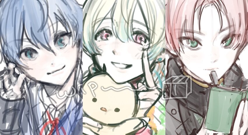 3boys 43_pon amamine_shu bad_id bad_twitter_id bird black_scarf blonde_hair blue_eyes blue_hair book brown_coat c.first_(idolmaster) chick closed_mouth coat collared_shirt commentary_request earphones finger_to_cheek green_eyes hair_between_eyes hanazono_momohito hand_up highres holding holding_book idolmaster idolmaster_side-m idolmaster_side-m_growing_stars jacket long_sleeves looking_at_viewer male_focus mayumi_eishin mole mole_under_eye multiple_boys open_book open_mouth parted_bangs pink_eyes red_hair scarf shirt short_hair smile stuffed_animal stuffed_toy unfinished upper_body white_shirt