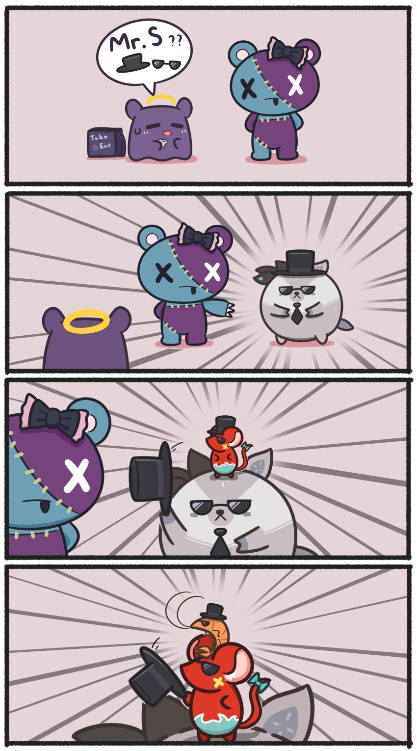 absurdres bazo_(vestia_zeta) ebi-chan_(gawr_gura) glasses hat highres hololive hololive_english hololive_indonesia mouse_(animal) mpien mr._squeaks_(hakos_baelz) necktie plot_twist ribbon shrimp stitches takodachi_(ninomae_ina&#039;nis) top_hat uber_eats udin_(kureiji_ollie) virtual_youtuber x-shaped_eyewear