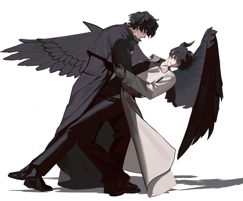 2boys absurdres black_coat black_eyes black_hair black_shirt black_wings coat collared_shirt dancing demon_horns dip_(dance_move) feathered_wings full_body grin hand_on_another&#039;s_arm hand_on_another&#039;s_back head_tilt highres horns kim_dokja leaning_back looking_at_another ma_someru male_focus multiple_boys official_alternate_costume omniscient_reader&#039;s_viewpoint open_clothes open_coat popped_collar shirt short_hair smile white_coat wings yoo_joonghyuk