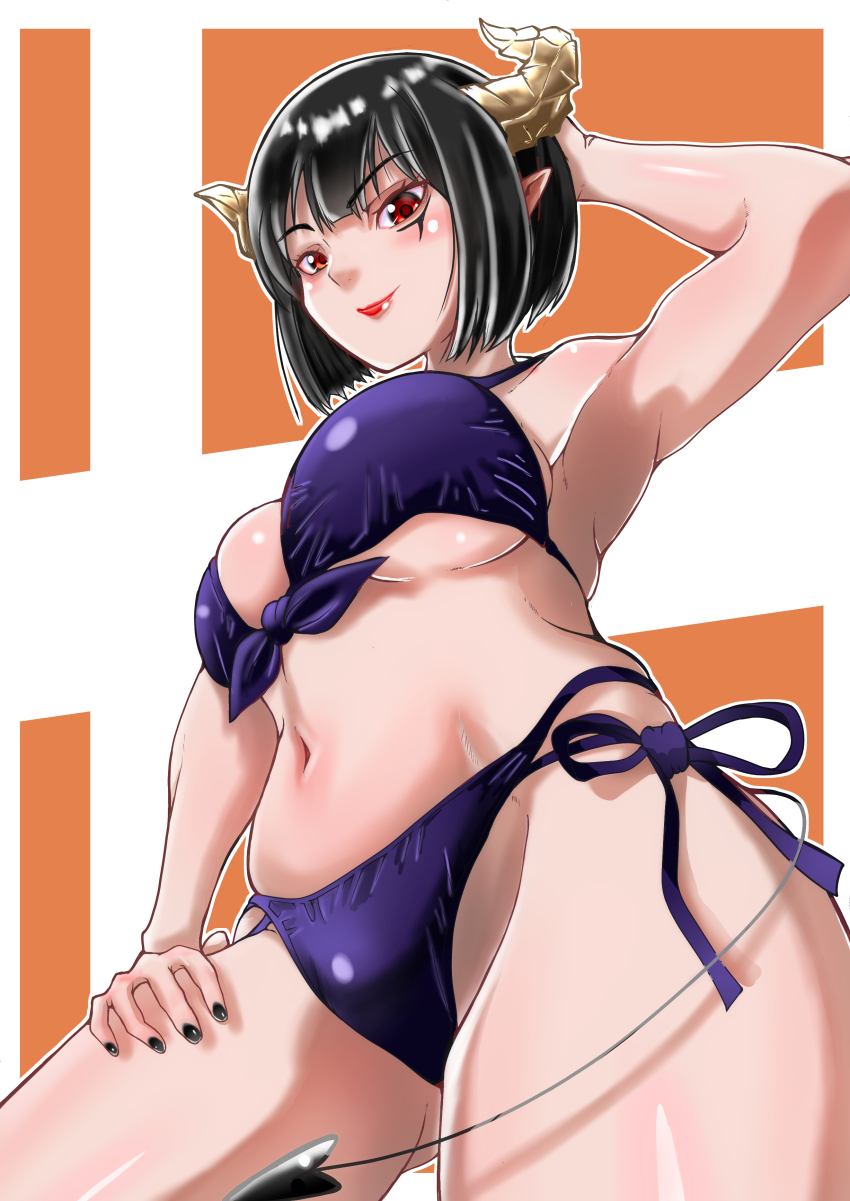 1girl absurdres arm_behind_head armpits bikini breasts closed_mouth demon_girl demon_horns feet_out_of_frame gluteal_fold groin hand_on_own_thigh highres hime-sama_&quot;goumon&quot;_no_jikan_desu horns large_breasts lipstick looking_at_viewer looking_down makeup nail_polish navel purple_bikini red_eyes shiny_skin simple_background smile solo stomach swimsuit torture_tortura underboob user_zxdk3235