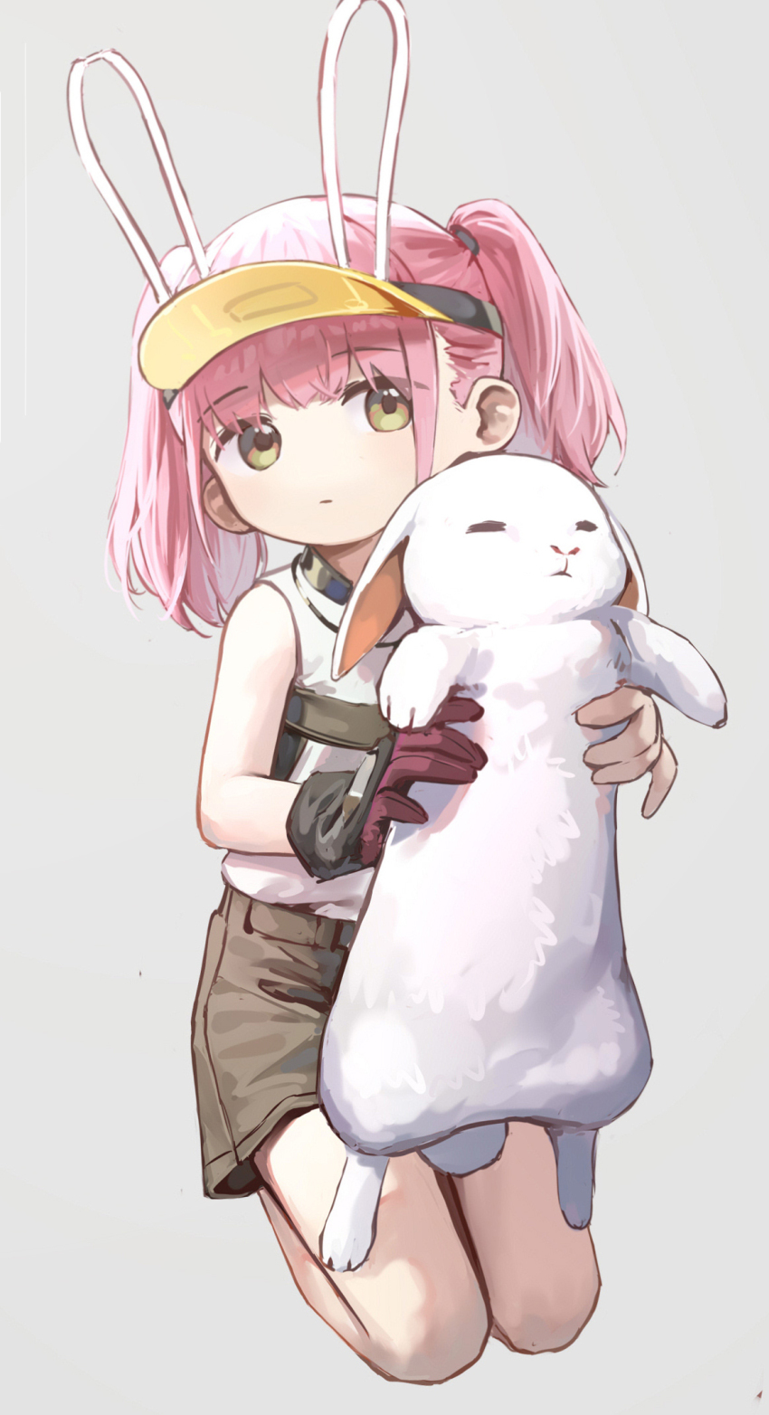 1girl animal animal_ears character_request child closed_mouth expressionless fake_animal_ears girls&#039;_frontline girls&#039;_frontline_neural_cloud gloves green_eyes grey_background highres holding holding_animal holding_rabbit looking_at_viewer pink_hair rabbit seiza shirt short_twintails shorts simple_background sitting sleeveless sleeveless_shirt soeyumi solo twintails visor_cap white_shirt