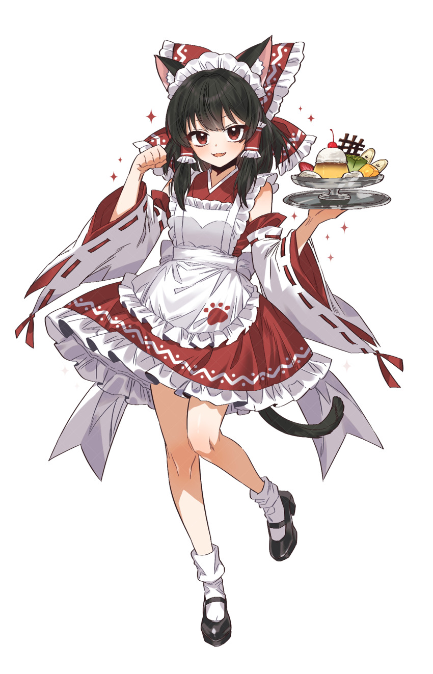 1girl alternate_costume animal_ear_fluff animal_ears apron back_bow black_shoes bow brown_hair cat_ears cat_tail cherry commentary cream detached_sleeves food food_request frilled_bow frilled_hair_tubes frills fruit full_body grey_nagato hair_bow hair_tubes hakurei_reimu highres holding holding_tray japanese_clothes kemonomimi_mode kimono long_hair looking_at_viewer maid maid_apron maid_headdress mary_janes open_mouth paw_pose paw_print print_apron pudding red_bow red_eyes red_kimono ribbon-trimmed_sleeves ribbon_trim shoes smile socks solo sparkle strawberry strawberry_slice tail touhou tray wa_maid white_apron white_bow white_socks