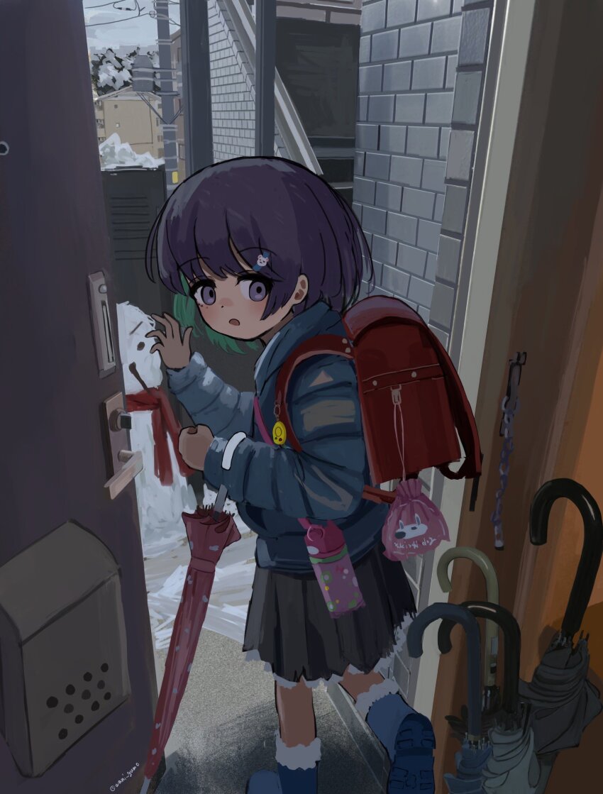 1girl backpack bag boots hair_ornament highres holding long_sleeves original purple_eyes purple_hair randoseru short_hair skirt solo standing thighhighs wanigumo