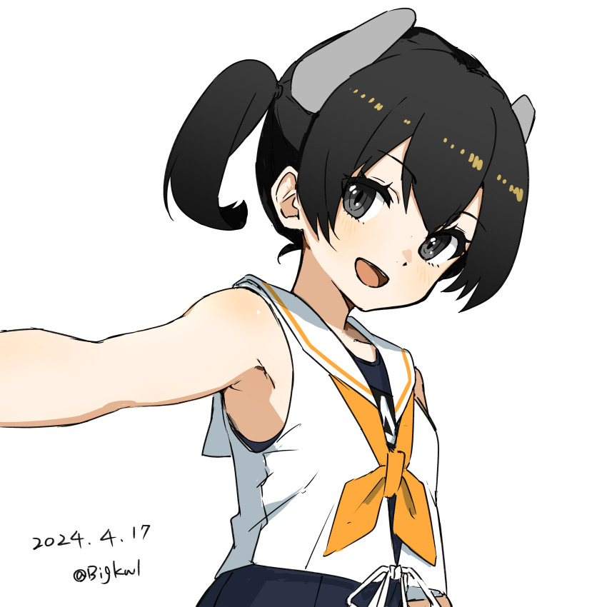 1girl absurdres abyssal_ship bigkwl black_eyes black_hair black_one-piece_swimsuit blush dated headgear highres i-41_(kancolle) kantai_collection neckerchief one-piece_swimsuit open_mouth sailor_collar sailor_shirt school_swimsuit school_uniform serafuku shirt short_hair simple_background sleeveless sleeveless_shirt smile solo swimsuit twitter_username upper_body white_background white_sailor_collar