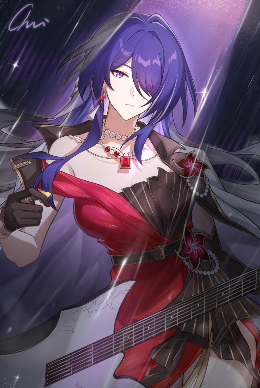 1girl absurdres acheron_(honkai:_star_rail) acheron_(star_rail_live_2025)_(honkai:_star_rail) black_gloves breasts chinese_commentary chuideng commentary_request earrings gloves guitar highres holding holding_guitar holding_instrument honkai:_star_rail honkai_(series) instrument jewelry long_hair necklace official_alternate_costume parted_lips purple_background purple_eyes purple_hair signature solo