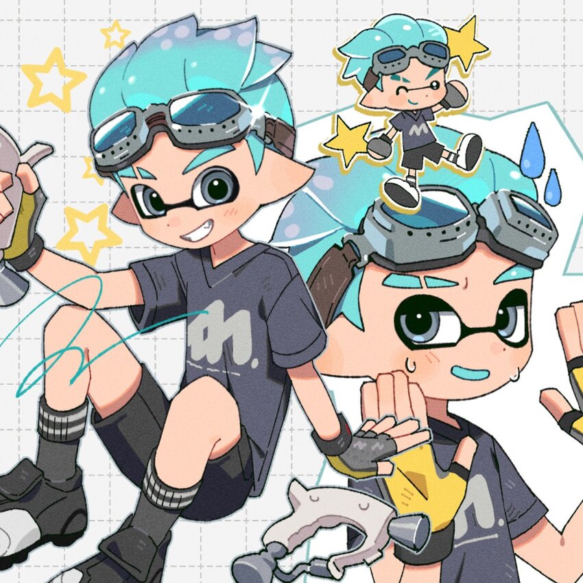 1boy aviator_goggles black_shoes black_shorts black_socks blue_hair blue_tongue chibi chibi_inset colored_tongue commentary_request dot_nose eyebrow_cut fingerless_gloves gloves goggles goggles_on_head grey_eyes grey_gloves grey_shirt grin hair_slicked_back hands_up hg_swdiary highres holding holding_weapon inkling inkling_boy inkling_player_character invisible_chair korean_commentary looking_at_viewer male_focus multiple_views nintendo open_mouth order_dualies_(splatoon) pointy_ears shirt shoes short_hair short_sleeves shorts sitting smile socks splatoon_(series) splatoon_3 sweat t-shirt tentacle_hair two-tone_gloves weapon yellow_gloves