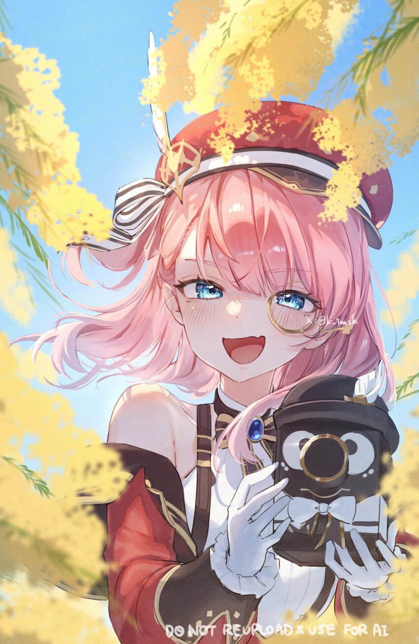 1girl absurdres bare_shoulders blue_eyes blue_gemstone blush camera charlotte_(genshin_impact) collarbone commentary_request day gem genshin_impact gloves hat highres holding holding_camera imasaki_kei long_hair long_sleeves looking_at_viewer monocle open_mouth outdoors pink_hair red_hat solo twitter_username upper_body very_long_hair white_gloves
