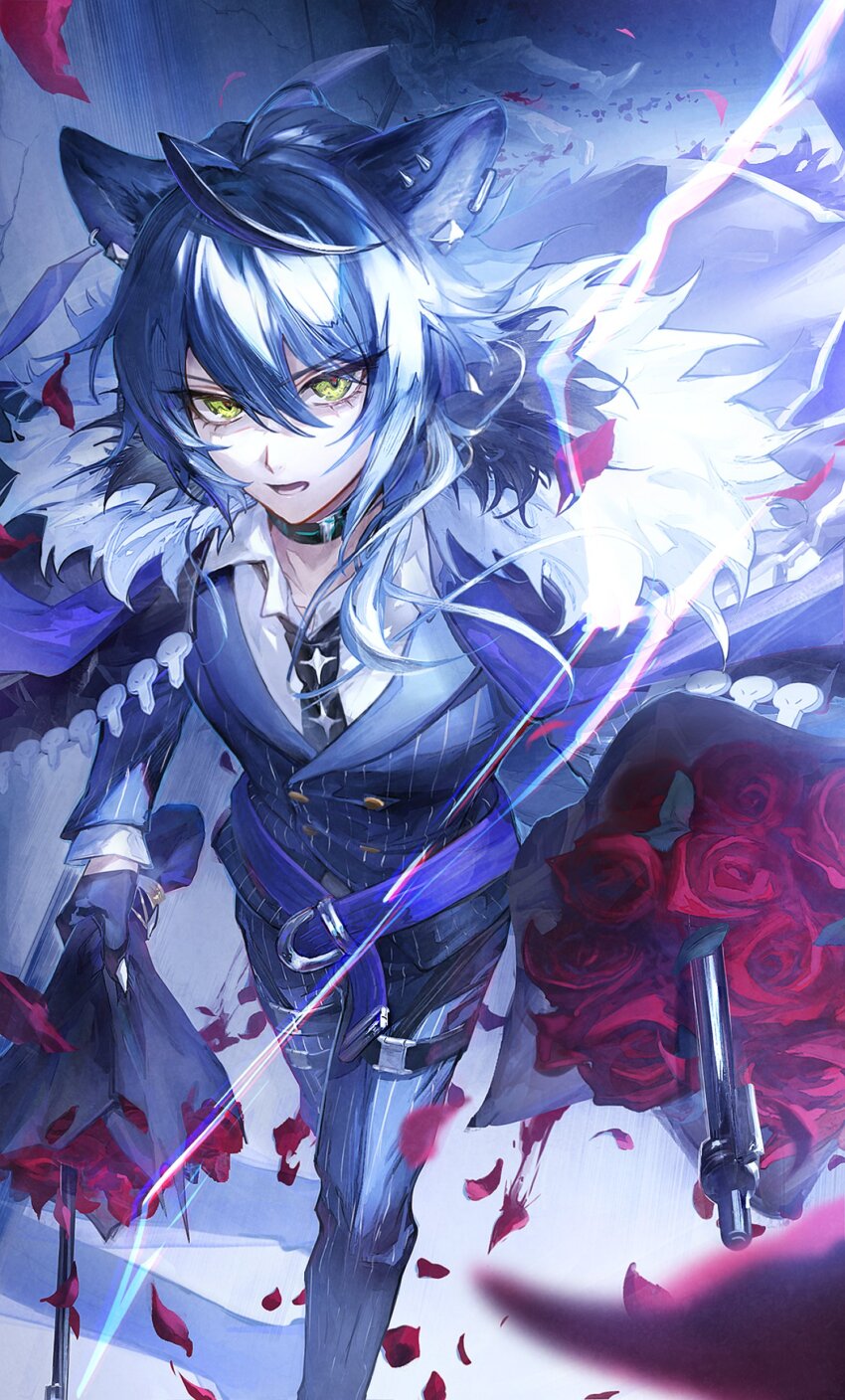 1boy absurdres animal_ear_piercing animal_ears arknights black_necktie blue_coat blue_eyes blue_hair blue_suit bouquet coat coat_on_shoulders commentary english_commentary flower formal_clothes frown fur-trimmed_coat fur_trim gun highres holding holding_bouquet holding_gun holding_weapon infection_monitor_(arknights) leaning_forward lightning looking_at_viewer male_focus myluche necktie petals pinstripe_pattern pinstripe_suit red_flower red_rose rose shadow simple_background solo striped suit vigil_(arknights) weapon white_background wolf_boy wolf_ears yellow_eyes