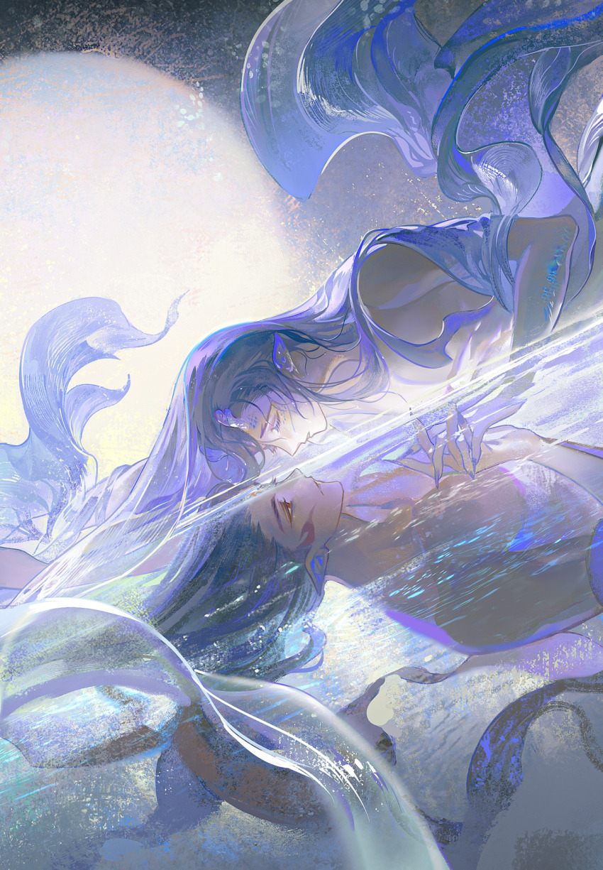 2boys ao_bing_(nezha_zhi_motong_jiangshi) black_hair blue_hair closed_eyes earrings eye_contact from_side half-closed_eyes highres jewelry long_hair looking_at_another looking_down male_focus monster_boy moon multiple_boys nezha_(nezha_zhi_motong_jiangshi) nezha_zhi_motong_jiangshi nude partially_submerged partially_underwater_shot pointy_ears profile purple_eyes purple_hair scales sideways smile upper_body water yaoi yellow_eyes yinzinmiemie