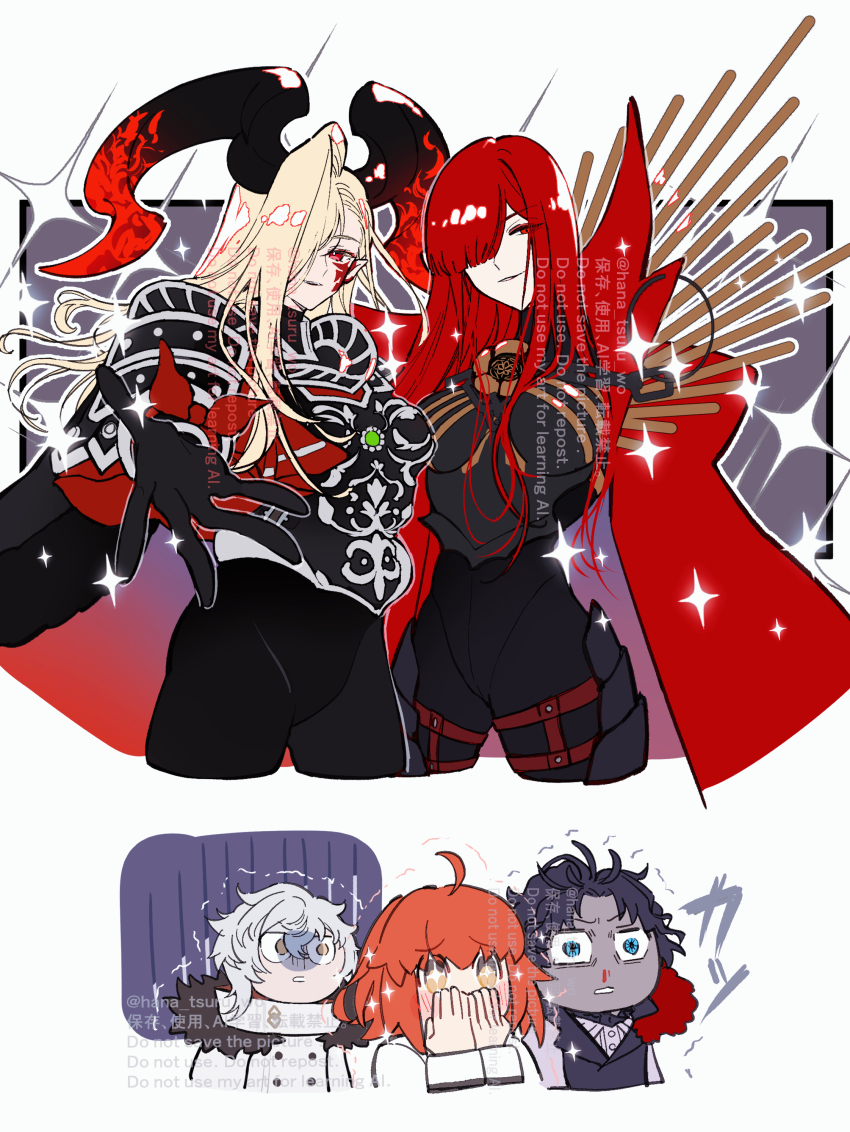 2boys 3girls absurdres bartholomew_roberts_(fate) black_bodysuit black_hair blonde_hair blue_eyes bodysuit dark-skinned_male dark_skin demon_girl demon_horns dragon_horns fate/grand_order fate_(series) fujimaru_ritsuka_(female) genderswap genderswap_(mtf) highres horns kadoc_zemlupus multiple_boys multiple_girls nero_claudius_(fate) oda_nobunaga_(fate) oda_nobunaga_(maou_avenger)_(fate) orange_hair pointy_ears queen_draco_(fate) queen_draco_(third_ascension)_(fate) red_eyes red_hair sugomori_tsuru_(hana_tsuru_wo) white_hair