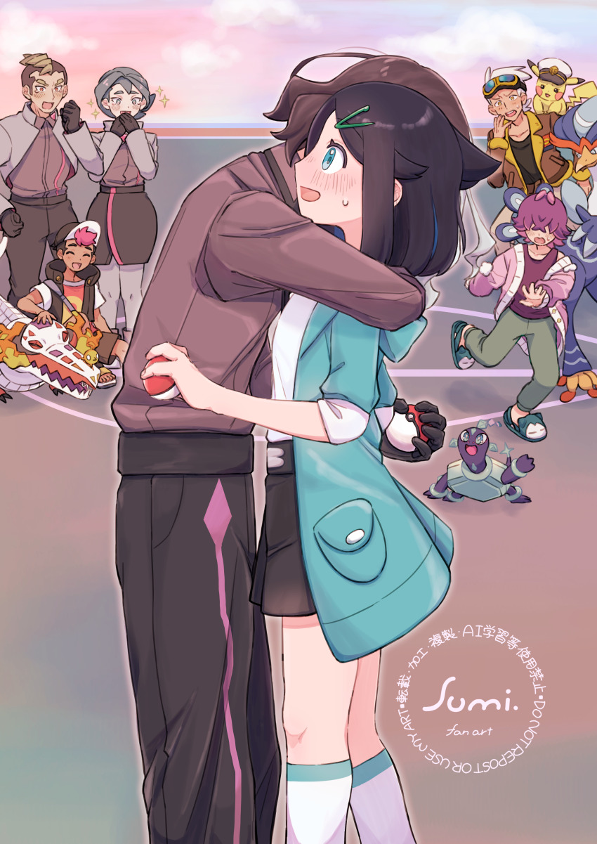 3girls 4boys absurdres amethio_(pokemon) blush captain_pikachu commentary_request cowlick dot_(pokemon) friede_(pokemon) gen_1_pokemon gloves hair_ornament hairclip highres holding holding_poke_ball hood hood_down hooded_jacket hug jacket knees liko_(pokemon) multiple_boys multiple_girls nintendo onia_(pokemon) open_mouth pants pikachu poke_ball poke_ball_(basic) pokemon pokemon_(anime) pokemon_(creature) pokemon_horizons quaquaval roy_(pokemon) shirt shorts signature skeledirge socks sparkle standing sweatdrop swept_bangs terapagos three-quarter_sleeves uminosumi_dai white_shirt white_socks zirc_(pokemon)