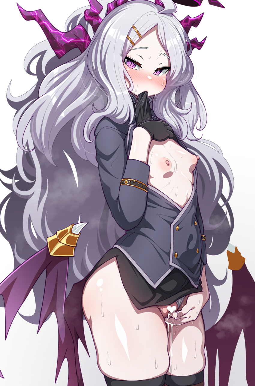 1girl absurdres aroused black_gloves blue_archive blush breasts breasts_out censored clothes_lift clothing_aside commentary demon_girl demon_horns demon_wings fingering gloves hair_ornament hairclip halo highres hina_(blue_archive) horns konoshige_(ryuun) long_hair looking_at_viewer nipples panties panties_aside parted_bangs presenting purple_eyes pussy_juice shirt_lift simple_background small_breasts solo sweat thick_thighs thighhighs thighs underwear very_long_hair white_background white_hair wings