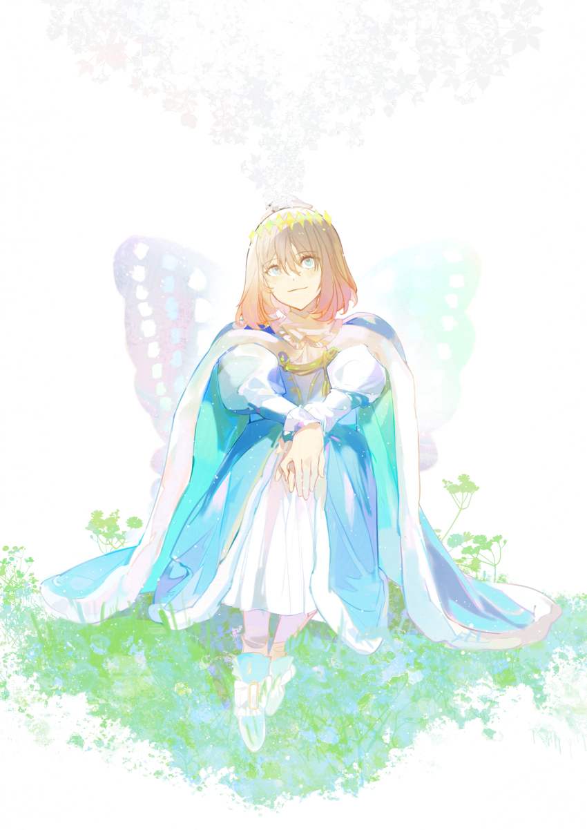 1boy absurdres arthropod_boy blue_cloak blue_eyes butterfly_wings cloak crown diamond_hairband fate/grand_order fate_(series) fui_(fui29493452) fur-trimmed_cloak fur_trim grey_hair highres insect_wings long_sleeves male_focus medium_hair oberon_(fate) oberon_(first_ascension)_(fate) puffy_sleeves sitting smile solo wings