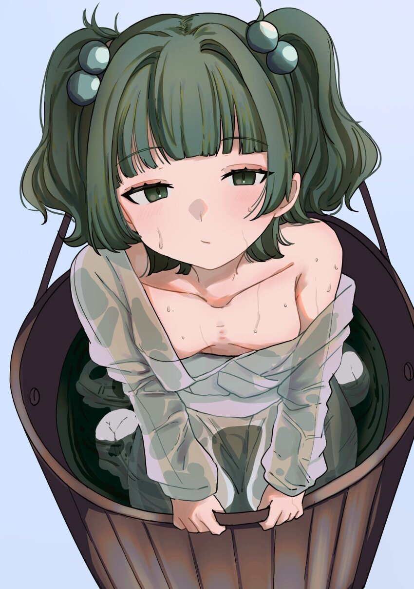 1girl breasts bucket green_eyes green_hair highres in_bucket in_container kisume looking_at_viewer medium_hair mesuosushi robe single_bare_shoulder skull small_breasts solo touhou two_side_up water water_drop white_robe