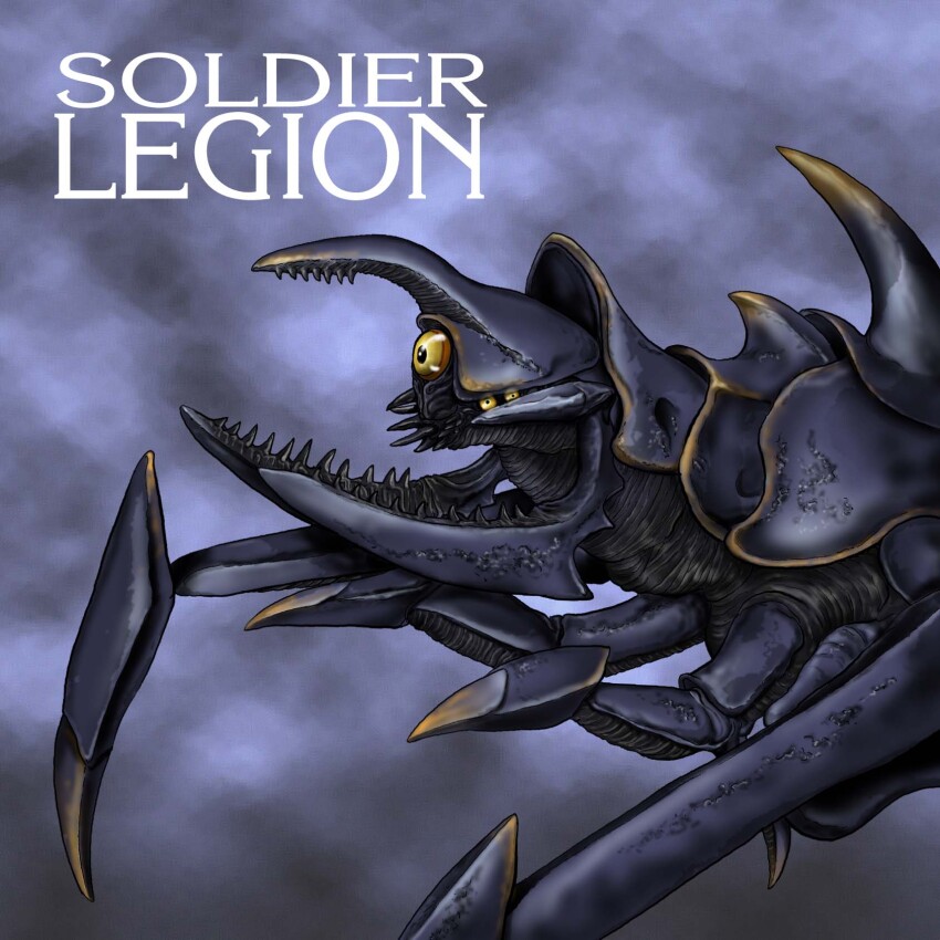 alien blue_background bug city_shrouded_in_shadow claws colored_sclera daiei_film english_text extra_eyes gamera_(series) gamera_2:_attack_of_legion granzella highres kadokawa kaiju monster no_humans orange_sclera satoru33 simple_background soldier_legion space_monster teeth yellow_eyes