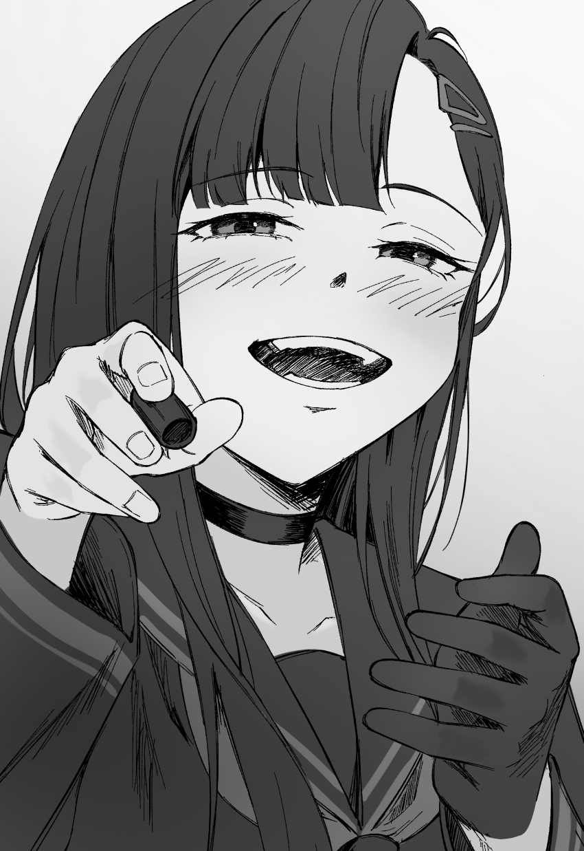 1girl absurdres blue_archive blush choker collarbone commentary_request gloves greyscale hair_ornament hairclip hands_up highres hoffun ichika_(blue_archive) long_hair long_sleeves looking_at_viewer monochrome neckerchief no_halo open_mouth shirt simple_background single_glove solo swept_bangs white_background