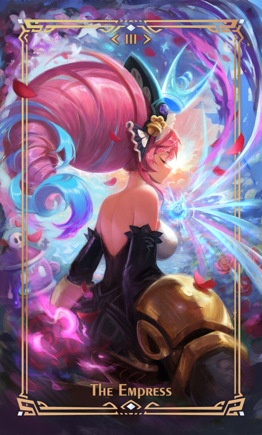 1girl absurdres back bare_shoulders bell big_hair black_dress blue_hair cleo_(dragalia_lost) closed_eyes closed_mouth detached_sleeves dragalia_lost dress from_side hair_bell hair_ornament highres long_hair long_sleeves multicolored_hair pink_hair seerdraws solo two-tone_hair very_long_hair