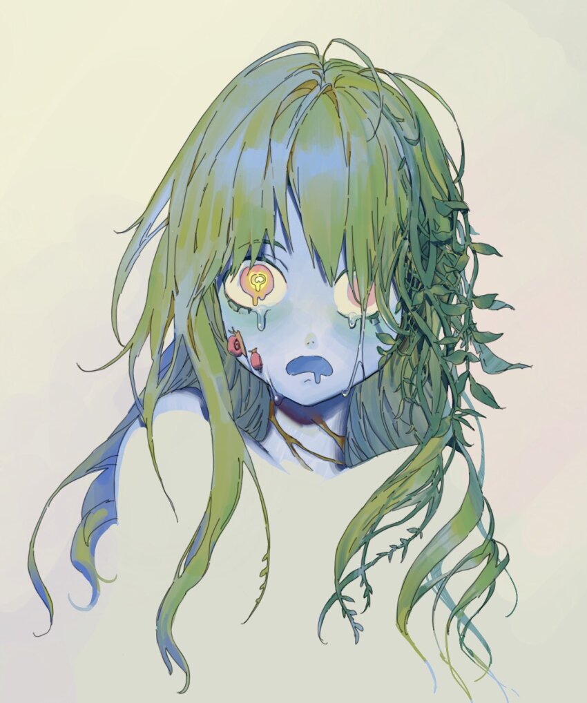 1girl blue_skin blue_tongue brown_background colored_skin colored_tongue crying crying_with_eyes_open drooling green_hair highres leaf leviair long_hair looking_at_viewer melting_eyes monster_girl mouth_drool multicolored_eyes open_mouth orange_eyes original plant plant_girl plant_hair snail solo tears upper_body vines yellow_eyes