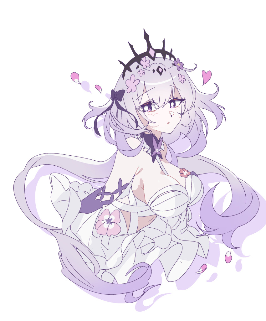 1girl absurdres black_tiara breasts bright_pupils castorice_(honkai:_star_rail) commentary_request dress highres honkai:_star_rail honkai_(series) korean_commentary long_hair pointy_ears purple_hair simple_background solo tiara toad40215417 upper_body white_background white_dress white_pupils