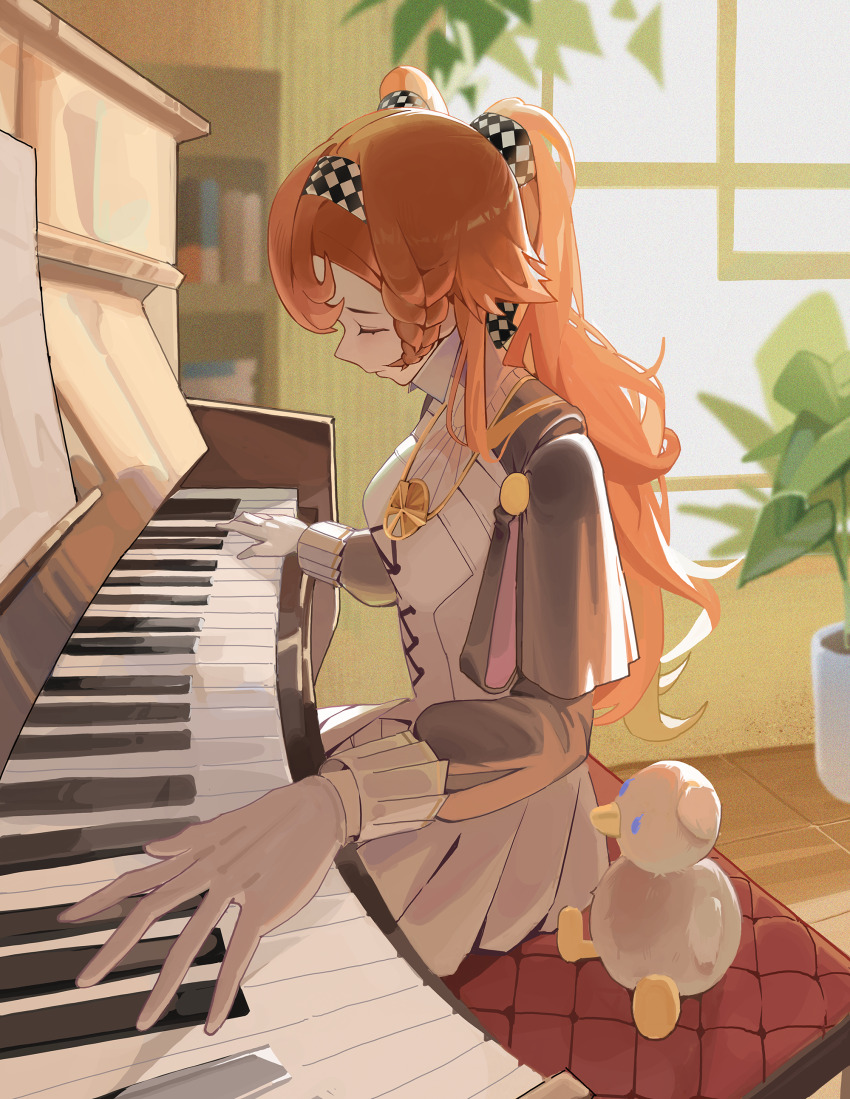1girl absurdres backlighting blurry blurry_background bookshelf checkered_hairband closed_eyes closed_mouth collared_dress ddul_(hauluimubingoj1) dress from_side gloves grey_cloak grey_sleeves hairband high_collar highres indoors instrument long_hair music orange_hair piano piano_bench plant playing_instrument playing_piano potted_plant profile reverse:1999 short_dress sitting solo sonetto_(reverse:1999) stuffed_animal stuffed_duck stuffed_toy two_side_up upper_body white_dress white_gloves