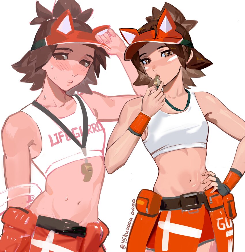 1girl absurdres adjusting_clothes adjusting_headwear blowing_whistle blush breasts brown_eyes brown_hair collarbone crop_top hand_on_own_hip hat highres holding holding_whistle kiriko_(lifegaurd)_(overwatch) kiriko_(overwatch) lifeguard lifeguard_kiriko looking_at_viewer medium_hair navel overwatch overwatch_2 red_hat red_shorts shirt shorts small_breasts standing sweat visor_cap whistle whistle_around_neck white_background white_shirt yshua