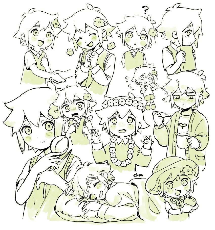 1boy 4kkrbk alternate_costume alternate_sleeve_length antenna_hair basil_(faraway)_(omori) basil_(omori) basket blush book closed_eyes closed_mouth collared_shirt flower greyscale hair_flower hair_ornament hat head_wreath highres holding holding_book holding_flower long_sleeves looking_at_viewer lying male_focus monochrome omori on_stomach open_mouth parted_lips pillow shirt short_hair short_sleeves simple_background sleeping smile solo speech_bubble sun_hat tulip under_covers