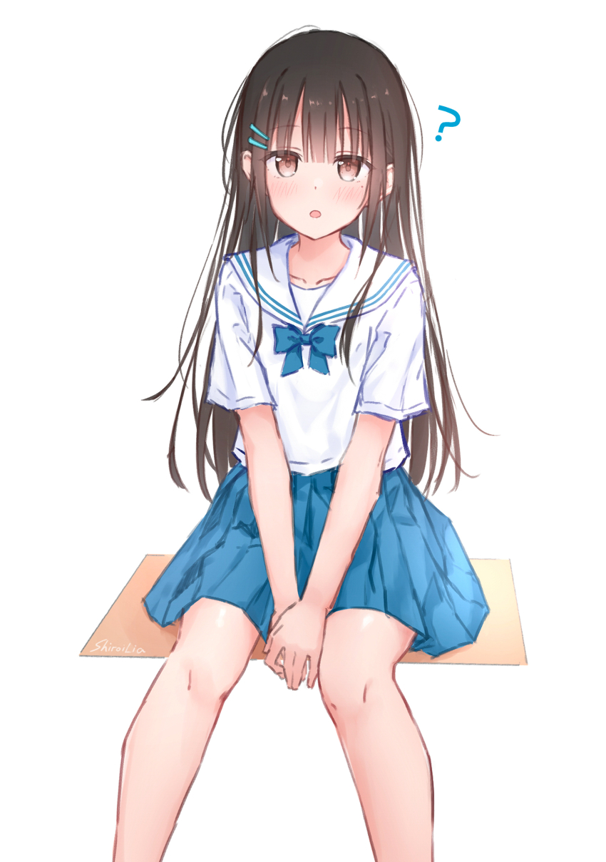 1girl absurdres black_hair blue_bow blue_skirt blush bow bowtie breasts brown_eyes collared_shirt hair_ornament hairclip highres kutatsu_(kutatsu7) long_hair looking_at_viewer mole mole_under_eye open_clothes original pleated_skirt sailor_collar school_uniform shirt short_sleeves simple_background sitting skirt small_breasts solo white_background white_sailor_collar white_shirt yuki_(kutatsu)