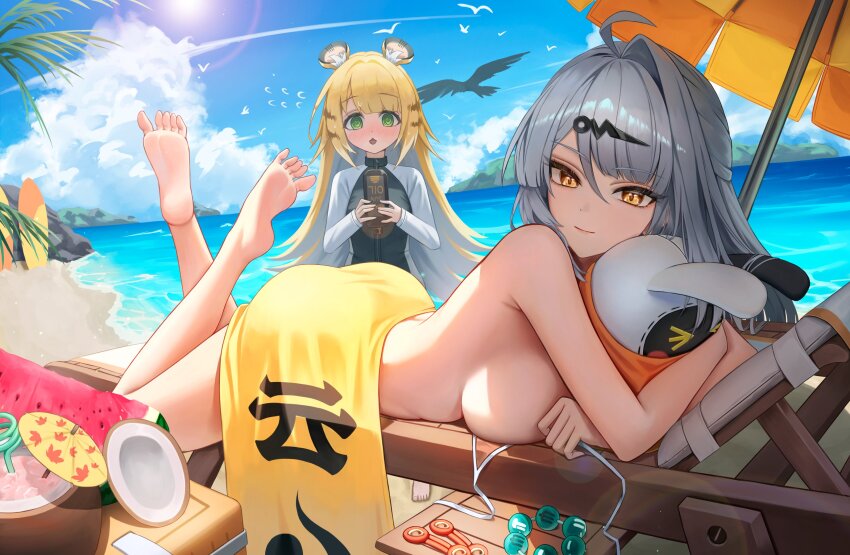 2girls ahoge alternate_costume animal_ear_fluff armpit_crease ass bangboo_(zenless_zone_zero) barefoot beach blonde_hair blue_sky bottle breasts closed_mouth coconut_cup colored_inner_hair commentary day drinking_straw eous_(zenless_zone_zero) feet flying_sweatdrops food fruit grey_hair highres holding holding_bottle ju_fufu large_breasts long_hair looking_at_viewer lotion lying multicolored_hair multiple_girls nude ocean on_stomach orange_eyes outdoors sand shore single_hair_intake sky smile sunscreen the_pose thighs toes watermelon white_hair yixuan_(zenless_zone_zero) yuridango zenless_zone_zero