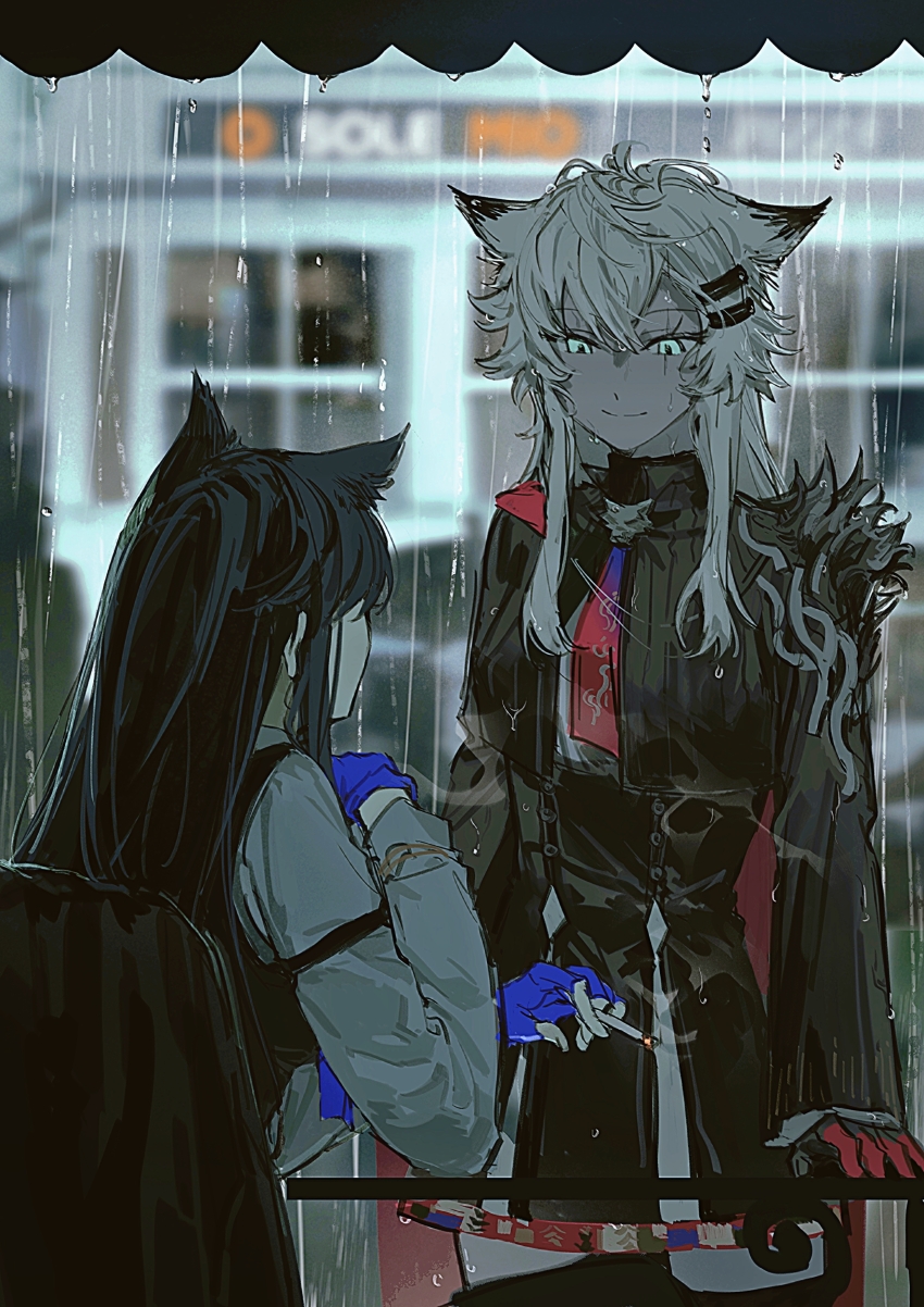 2girls absurdres animal_ears aqua_eyes arknights ascot between_fingers black_jacket blurry blurry_background chinese_commentary cigarette closed_mouth commentary_request fingerless_gloves gloves grey_hair grey_shirt hair_between_eyes hair_ornament hairclip highres holding holding_cigarette jacket lappland_(arknights) lappland_the_decadenza_(arknights) long_hair long_sleeves looking_at_another multiple_girls official_alternate_costume purple_gloves rain red_ascot red_gloves shirt smile standing texas_(arknights) texas_the_omertosa_(arknights) water water_drop wet wet_clothes white_hair wolf_ears wolf_girl yanfenguo_gao