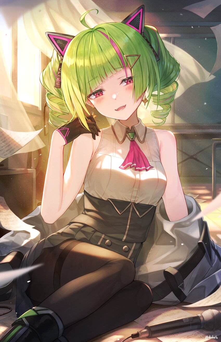 1girl absurdres ahoge ascot bare_shoulders black_boots black_skirt blush boots breasts chalkboard curtains delutaya diagonal_bangs dvdarts earrings flying_paper gloves green_hair hair_ornament head_tilt highres indie_virtual_youtuber indoors jacket jewelry light_particles light_rays looking_at_viewer microphone midriff narrowed_eyes navel off_shoulder on_ground open_mouth paper red_eyes sheet_music shirt sitting skirt small_breasts smile solo sunbeam sunlight triangle triangle_earrings triangle_hair_ornament twintails virtual_youtuber white_shirt window yokozuwari