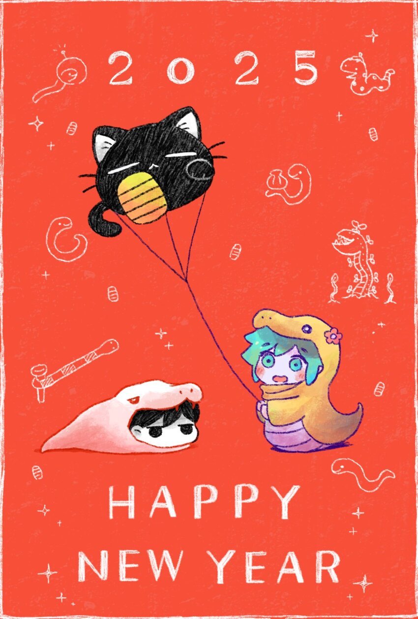 2025 20s 2boys animal_costume basil_(headspace)_(omori) basil_(omori) black_eyes black_hair blush chibi chibi_only chinese_zodiac coin colored_skin flower gold green_eyes green_hair happy_new_year highres king_carnivore_(omori) kite kite_flying koban_(gold) male_focus maneki-neko mewo multiple_boys new_year no_mouth omori omori_(omori) open_mouth red_background short_hair smile snake_(omori) snake_costume sun_iiinu white_skin year_of_the_snake