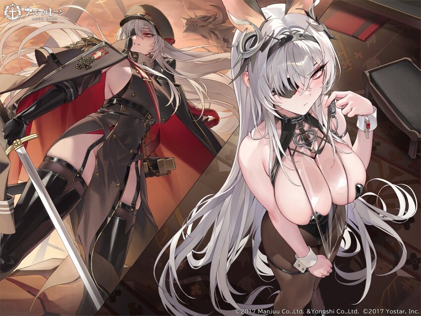 animal_ears azur_lane blush breasts carpet coat coat_on_shoulders copyright_name dragon eyepatch floating_hair fritz_rumey_(azur_lane) fritz_rumey_(schwarzes_kaninchen)_(azur_lane) gloves hair_flowing_over hairband hat highres large_breasts leotard long_hair looking_at_viewer looking_to_the_side medal military_uniform official_art playboy_bunny pulling_own_clothes rabbit_ears red_eyes sabotensuteeki see-through_clothes sideboob stool sword thighhighs thighs weapon white_hair