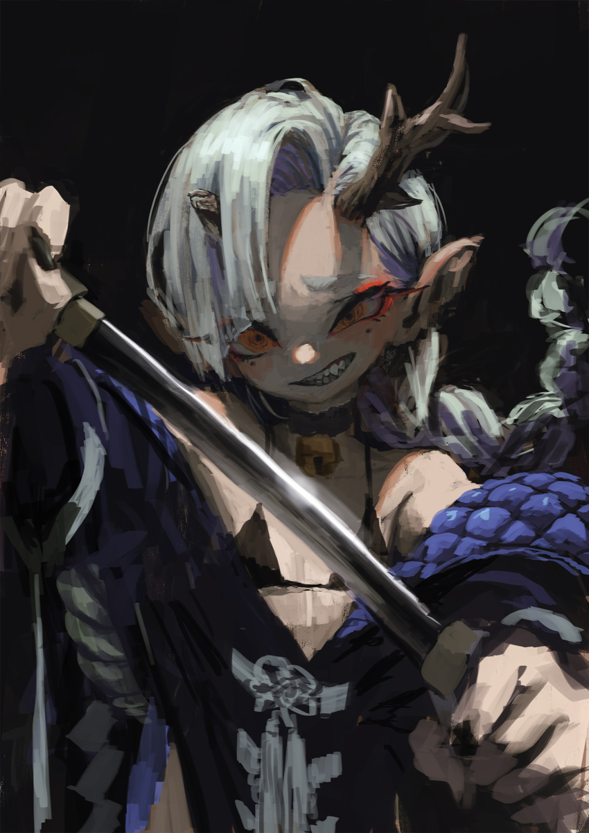 1girl asymmetrical_horns bare_shoulders bell bikini black_background black_bikini black_nails braid choker clothes_down grey_hair grin highres horns japanese_clothes jingle_bell jonpei kimono kodachi looking_at_viewer low-braided_long_hair low-tied_long_hair mole mole_under_eye nail_polish neck_bell open_clothes open_kimono orange_eyes original pointy_ears sheath short_sword simple_background sketch smile solo swimsuit sword teeth thick_eyebrows unsheathing upper_body weapon