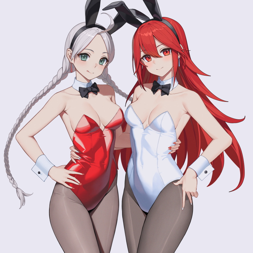 2girls absurdres ahoge bare_shoulders black_bow black_bowtie blue_eyes bow bowtie braid breasts caeldori_(fire_emblem) commission commissioner_upload covered_navel crystal_earrings detached_collar dhokidoki earrings fire_emblem fire_emblem_fates hairband hand_on_another&#039;s_waist highres jewelry leotard licking_lips long_hair looking_at_viewer low_twin_braids low_twintails medium_breasts multiple_girls nail_polish nina_(fire_emblem) nintendo non-web_source pantyhose parted_bangs red_eyes red_hair red_leotard red_nails strapless strapless_leotard tongue tongue_out twin_braids twintails white_leotard white_nails white_wrist_cuffs wrist_cuffs
