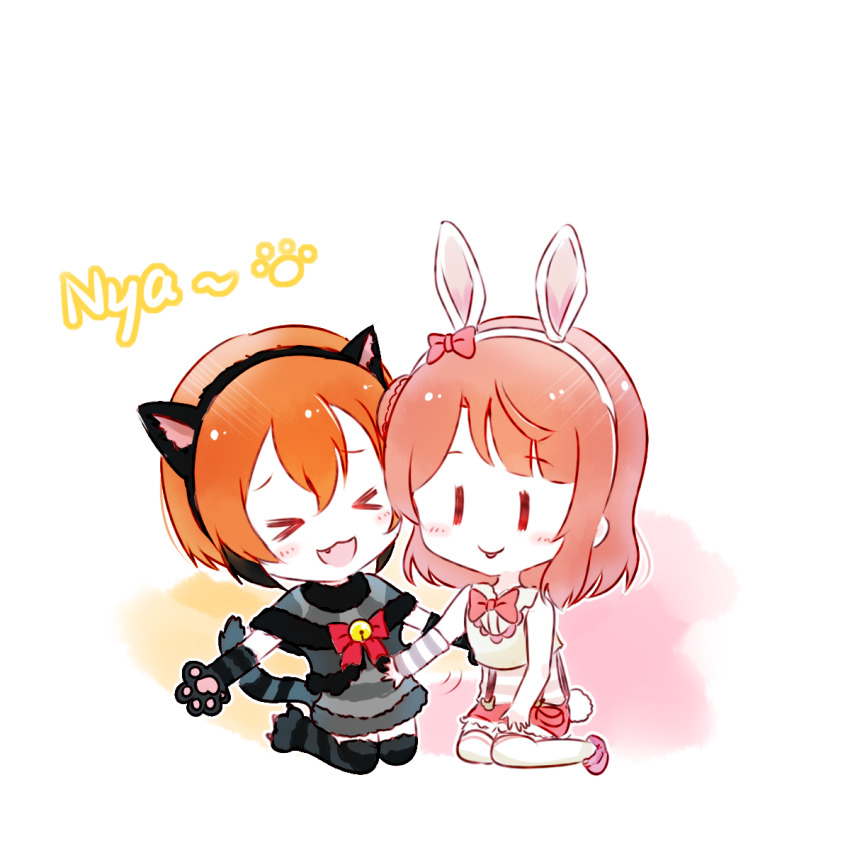 &gt;_&lt; 2girls :p animal_ears animal_hands animal_print arm_warmers artist_name artist_request bare_legs bare_shoulders bell blush bow bowtie braid braided_bun breasts buttons capelet cat_ears cat_tail chibi closed_eyes cowboy_shot crescent_moon crescent_moon_symbol cropped_vest detached_sleeves dress elbow_gloves exciting_animal_(love_live!) fake_animal_ears fang female_focus full_body fur-trimmed_capelet fur-trimmed_dress fur-trimmed_legwear fur-trimmed_shorts fur_trim gloves green_eyes grey_dress grey_skirt hair_bow hair_bun hairband highres hood hooded_vest hoodie hoshizora_rin looking_at_viewer love_live! love_live!_nijigasaki_high_school_idol_club love_live!_school_idol_festival love_live!_school_idol_festival_all_stars love_live!_school_idol_project miniskirt moon multiple_girls orange_hair outstretched_arms pants parted_lips paw_gloves pink_bow pink_shirt pink_slippers plaid_clothes plaid_dress plaid_skirt pleated pleated_dress pleated_skirt rabbit_ears rabbit_print rabbit_tail red_bow red_hair red_shorts sharp_teeth shirt short_hair short_pants short_shorts shorts side_bun single_detached_sleeve single_side_bun skirt sleeveless sleeveless_hoodie slippers smile striped_clothes striped_shirt striped_tail suspender_shorts suspenders tail teeth tickling tongue tongue_out uehara_ayumu vest white_hairband white_hoodie white_legwear white_vest yellow_eyes