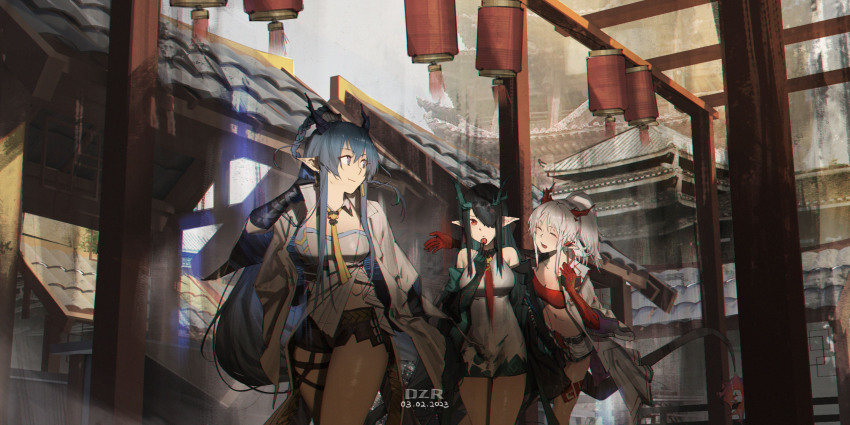 3girls :d absurdres arknights bandeau bare_shoulders black_hair black_jacket black_shorts blue_hair braid breasts cleavage closed_eyes closed_mouth collarbone collared_dress commentary_request danzir dated dragon_girl dragon_horns dragon_tail dress dusk_(arknights) grey_eyes grey_hair highres horns jacket ling_(arknights) medium_breasts multiple_girls nian_(arknights) off_shoulder open_clothes open_jacket open_mouth ponytail red_bandeau red_eyes short_shorts shorts signature sleeveless sleeveless_dress smile tail white_dress white_jacket white_shorts