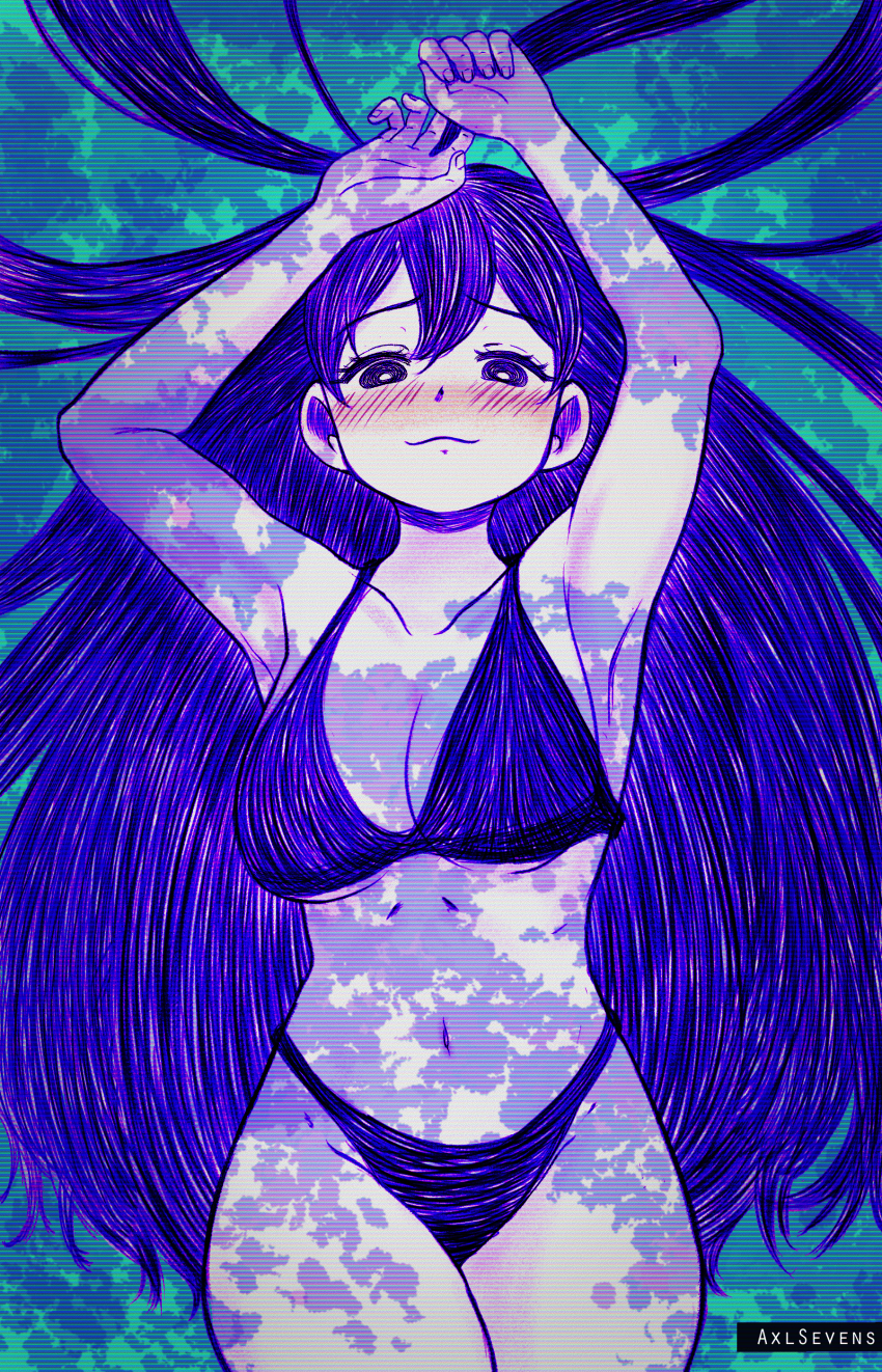 1girl absurdres axl_sevens bare_shoulders bikini black_hair breasts bright_pupils cleavage colored_skin highres long_hair looking_at_viewer mari_(headspace)_(omori) mari_(omori) omori open_mouth purple_eyes purple_hair smile swimsuit white_skin