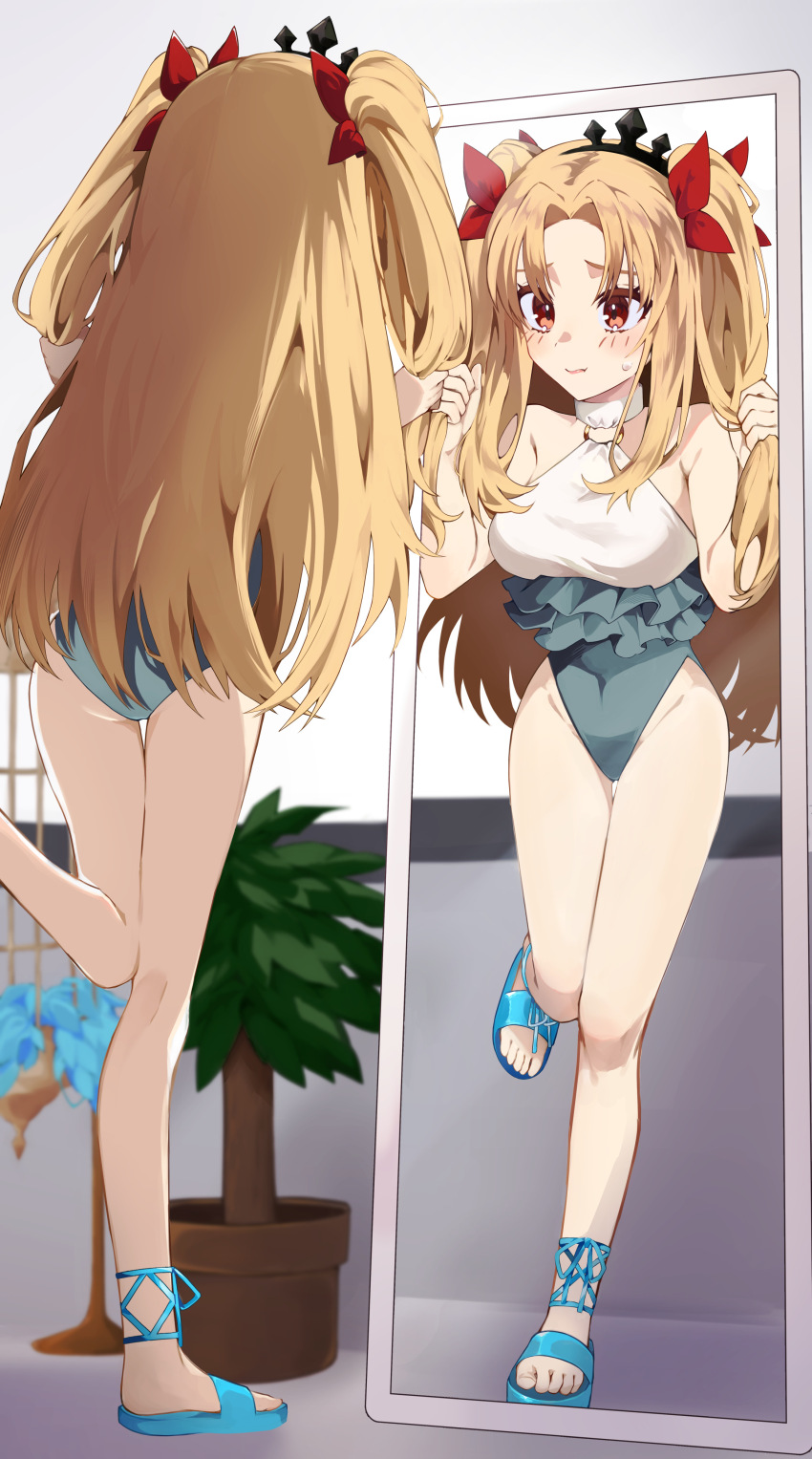 1girl absurdres bare_shoulders black_tiara blonde_hair blue_one-piece_swimsuit blue_sandals blush breasts cage choker ereshkigal_(fate) fate/grand_order fate_(series) frilled_one-piece_swimsuit frills full_body hair_ribbon hands_up highleg highleg_one-piece_swimsuit highres holding holding_own_hair long_hair looking_at_mirror ma_ple medium_breasts mirror o-ring o-ring_swimsuit one-piece_swimsuit parted_bangs plant potted_plant red_eyes red_ribbon reflection ribbon sandals solo space_ereshkigal_(fate) space_ereshkigal_(first_ascension)_(fate) standing standing_on_one_leg swimsuit thigh_gap thighs tiara twintails two-tone_one-piece_swimsuit two-tone_swimsuit two_side_up white_choker white_one-piece_swimsuit