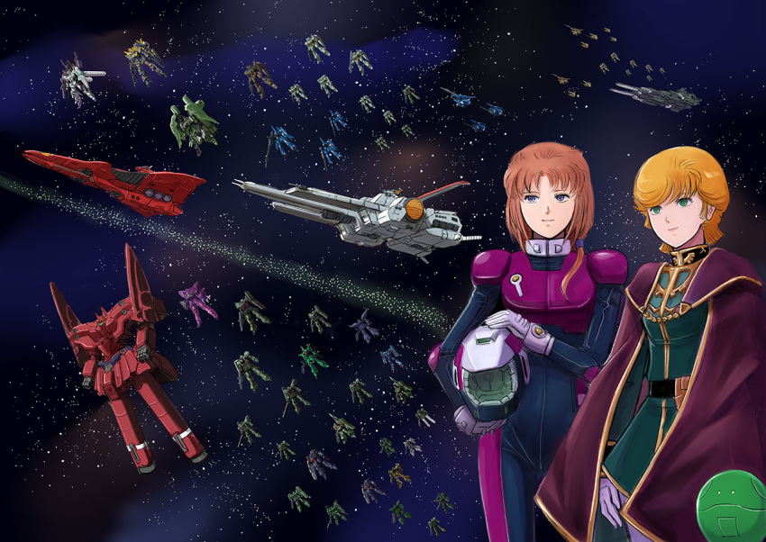 bodysuit breasts brown_hair cape commentary_request gacha-m gloves green_eyes gundam gundam_unicorn haro helmet long_hair marida_cruz mecha military military_uniform mineva_lao_zabi multiple_girls nahel_argama neo_zeong orange_hair pilot_suit ponytail rewloola robot short_hair space spacecraft
