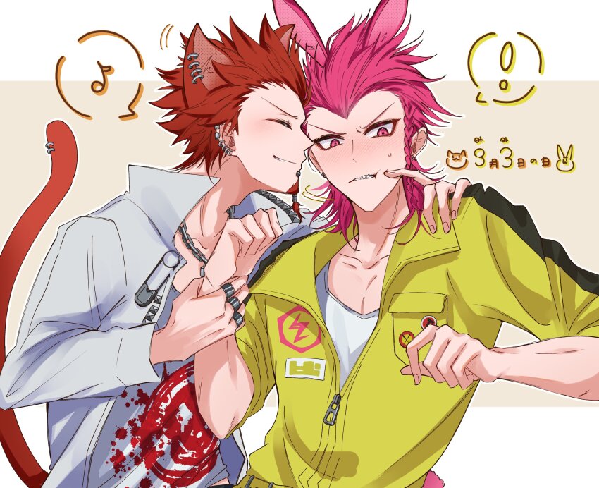 ! 2boys absurdres animal_ears blush braid cat_ears cat_tail cheek_poking clenched_teeth collarbone danganronpa:_trigger_happy_havoc danganronpa_(series) danganronpa_2:_goodbye_despair facial_hair goatee highres holding_another&#039;s_wrist jacket jewelry kuwata_leon male_focus multiple_boys musical_note necklace pink_eyes poking rabbit_ears red_hair ring sharp_teeth shirt short_sleeves soda_kazuichi speech_bubble spoken_musical_note tail teeth translation_request tuki_onigiri white_shirt yellow_jacket